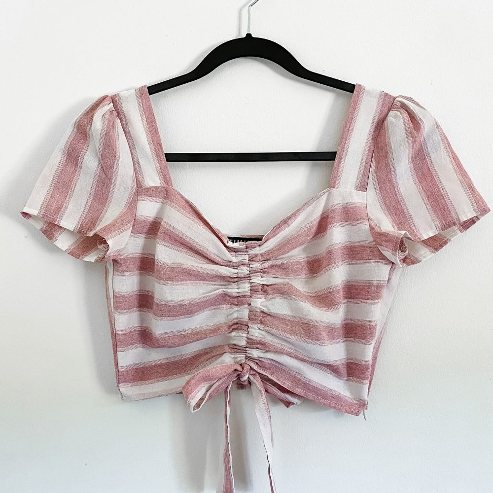 Linen Pink Stripped Crop Top Drawstring Tie Front Size S